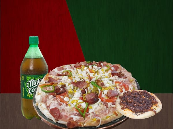 Pizza Gigante 12 fatias + Pizza Doce Brotinho +  Kuat ou Mate Couro 2 Litros.