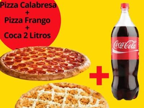 1 Calabresa 35cm + 1 Frango com Catupiry 35cm + 1 Coca 2 litros Grátis